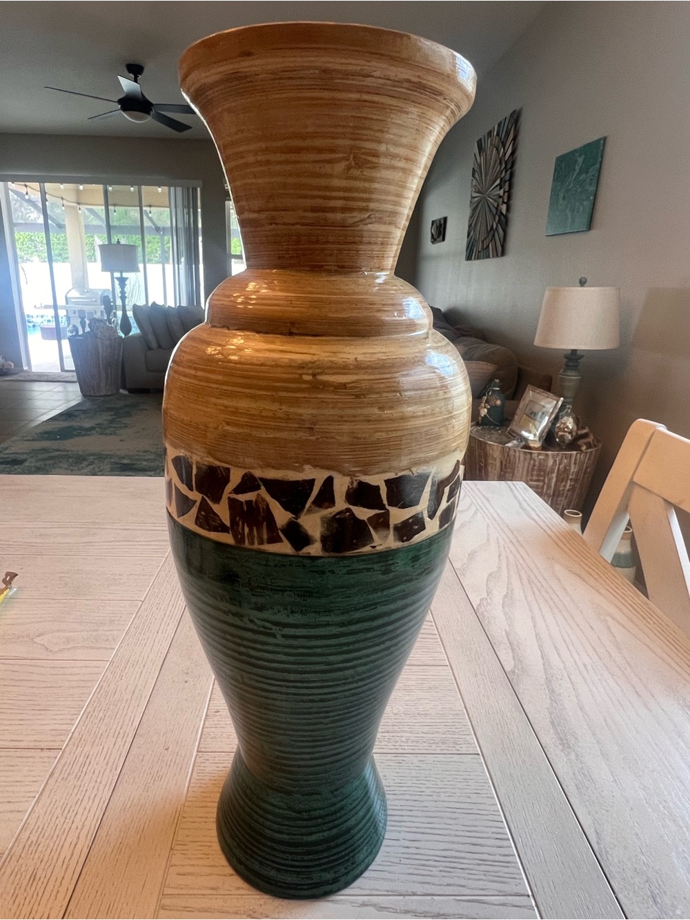Element 16” Two-Tone Bamboo Green/Tan Vase with Mosaic Band